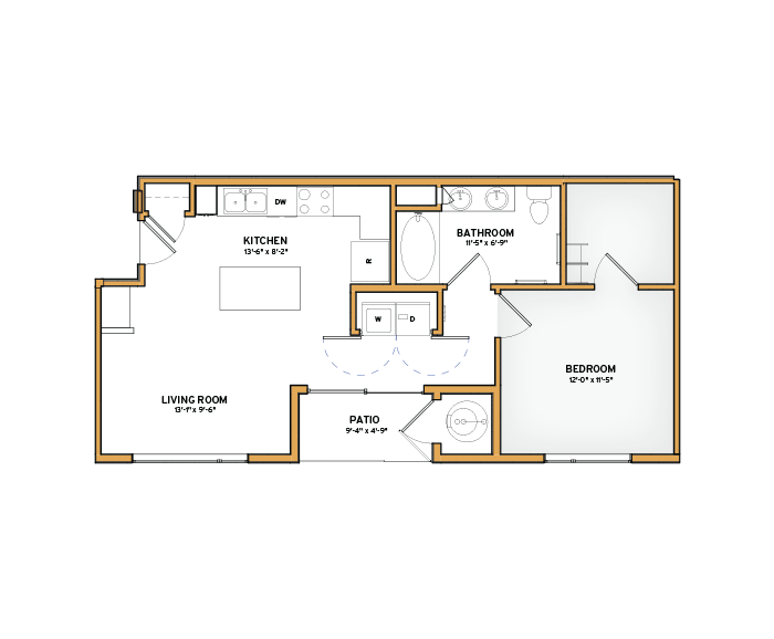 Floor plan for 1 bed, 1 bath, 641 sqft